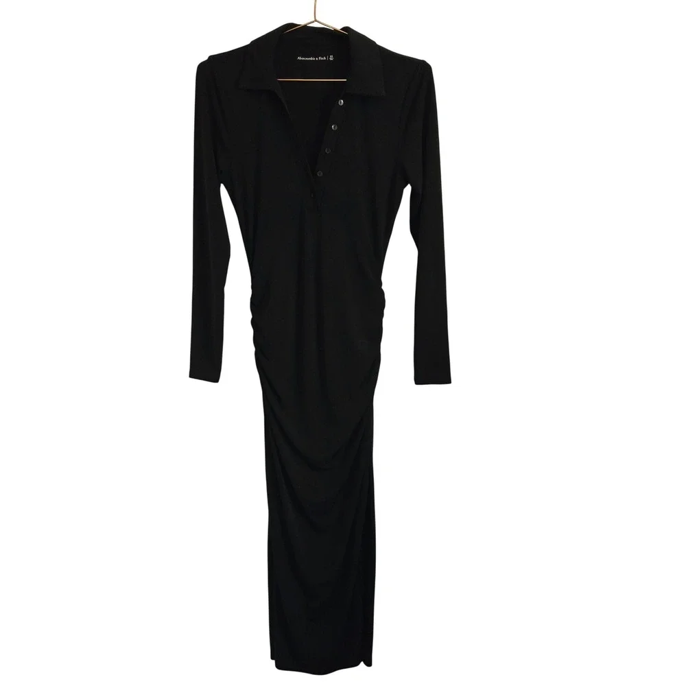 Abercrombie Fitch Black Collared Ruched Long Sleeve‎ Maxi Dress Womens XS